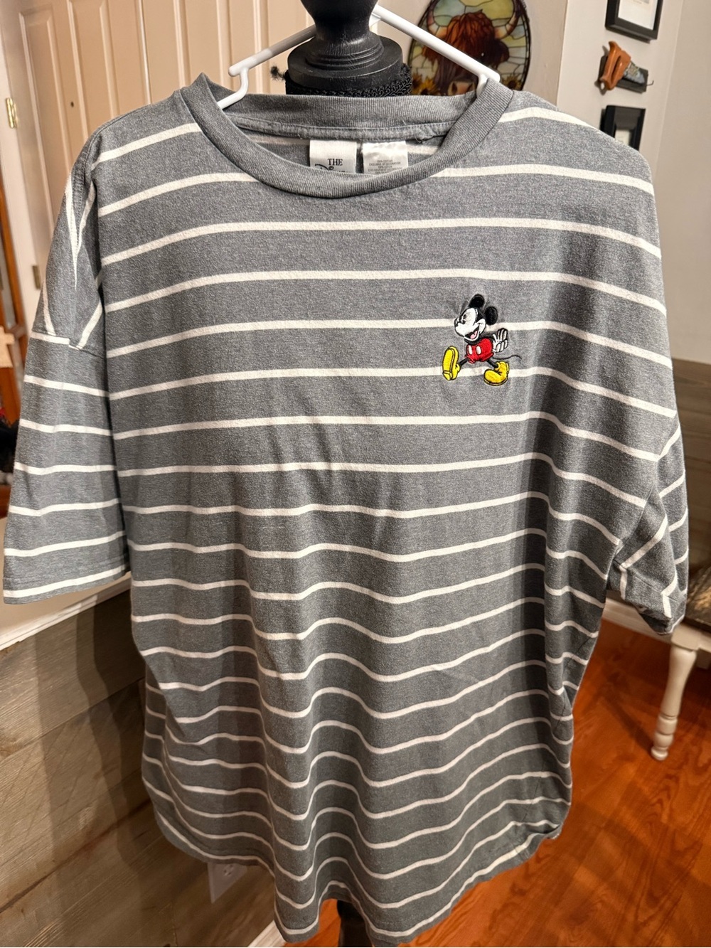 Disney Gray & White Striped Short Sleeve Tee with Mickey Embroidery